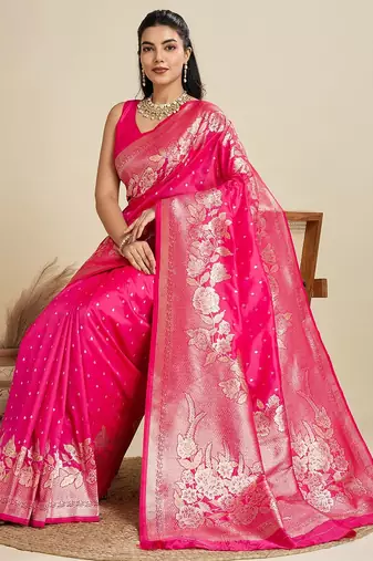 Pink solid silk blend saree with blouse
