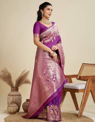Purple solid silk blend saree with blouse 3