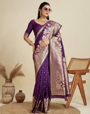 Wine solid silk blend saree with blouse 1