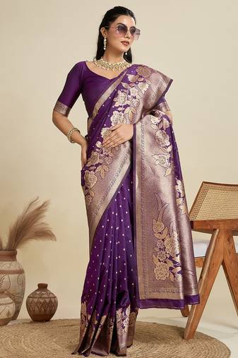 Wine solid silk blend saree with blouse