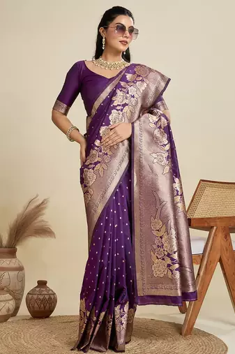 Wine solid silk blend saree with blouse