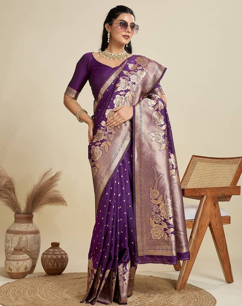Wine solid silk blend saree with blouse