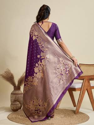 Wine solid silk blend saree with blouse 4