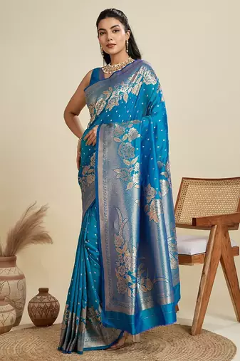 Blue solid silk blend saree with blouse