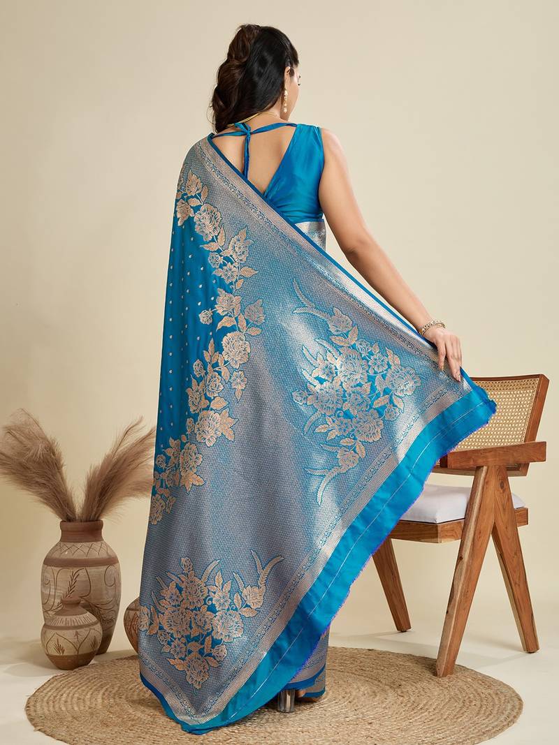 Blue solid silk blend saree with blouse