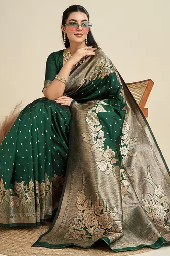 Green solid silk blend saree with blouse