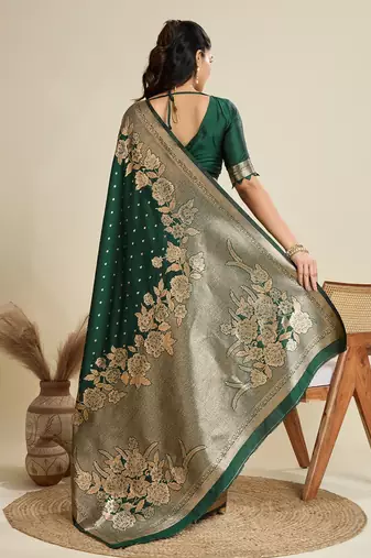 Green solid silk blend saree with blouse
