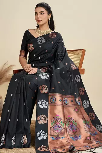 Black solid silk blend saree with blouse