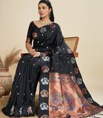 Black solid silk blend saree with blouse