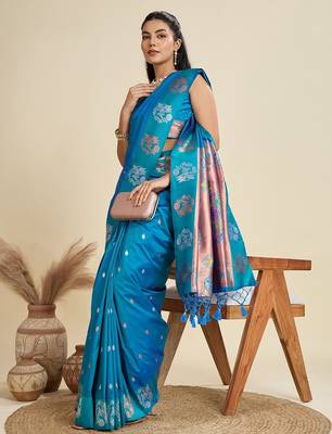 Blue solid silk blend saree with blouse 1