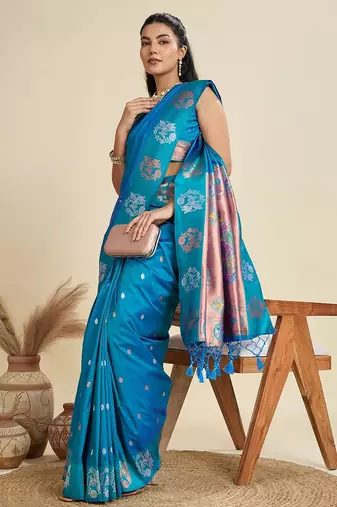 Blue solid silk blend saree with blouse