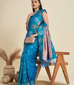 Blue solid silk blend saree with blouse