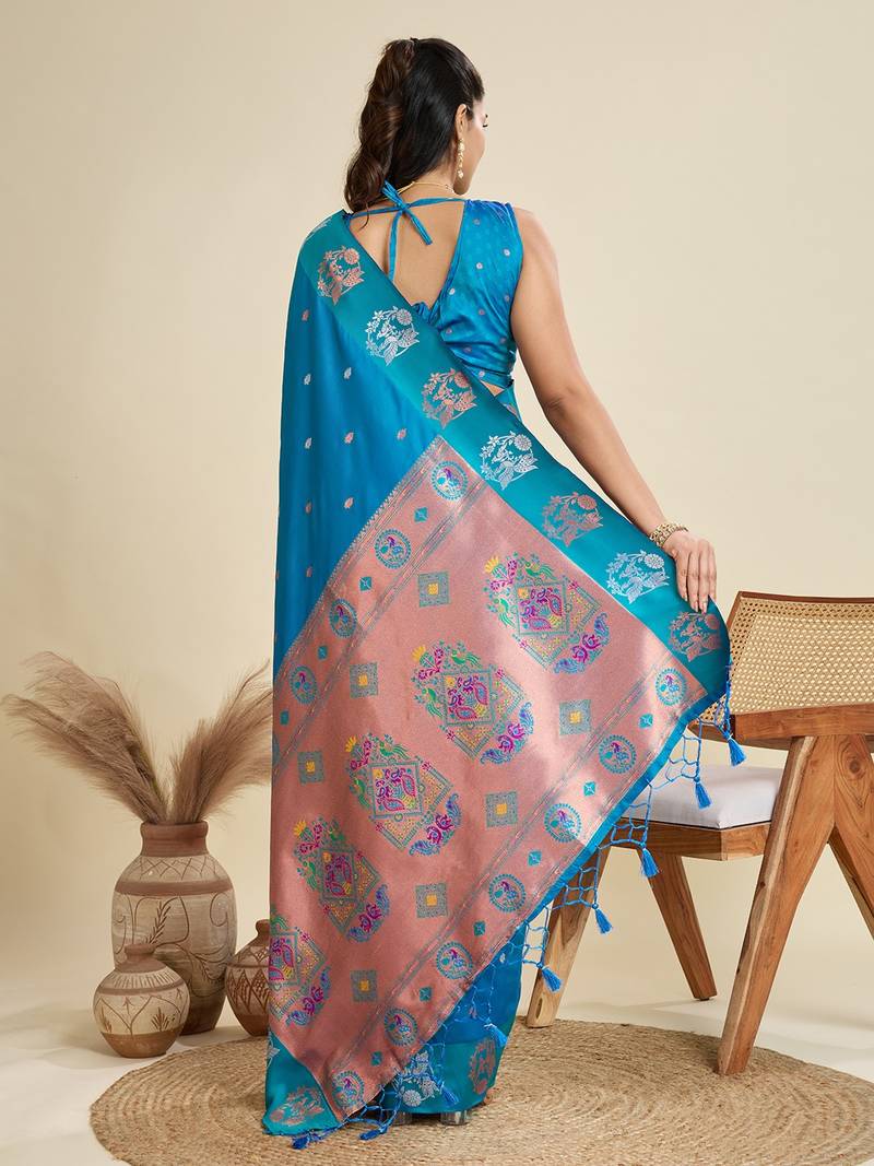 Blue solid silk blend saree with blouse