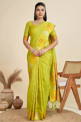 Green solid silk blend saree with blouse