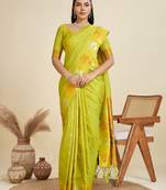 Green solid silk blend saree with blouse