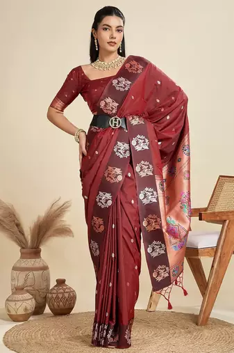 Maroon solid silk blend saree with blouse