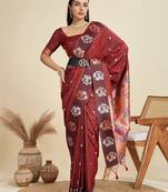 Maroon solid silk blend saree with blouse