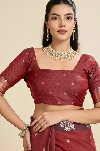 Maroon solid silk blend saree with blouse