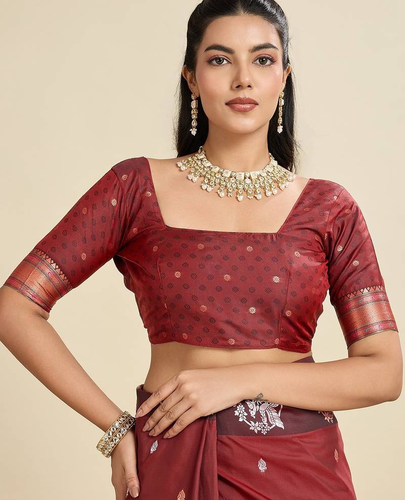 Maroon solid silk blend saree with blouse