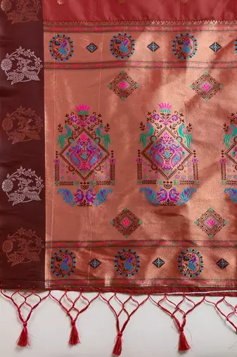 Maroon solid silk blend saree with blouse