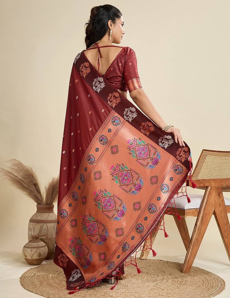 Maroon solid silk blend saree with blouse