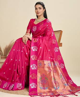 Pink solid silk blend saree with blouse 1