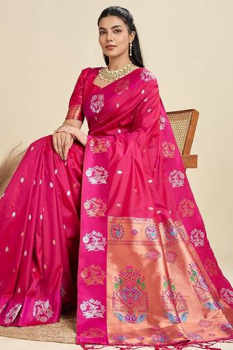 Pink solid silk blend saree with blouse