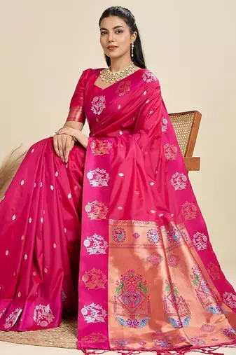 Pink solid silk blend saree with blouse