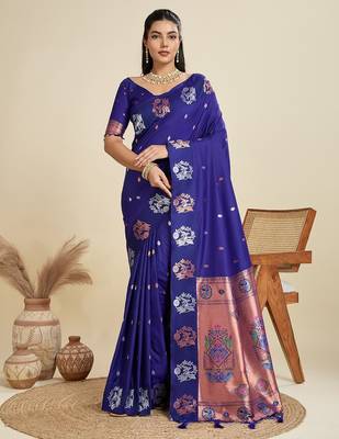 Royal blue solid silk blend saree with blouse 1