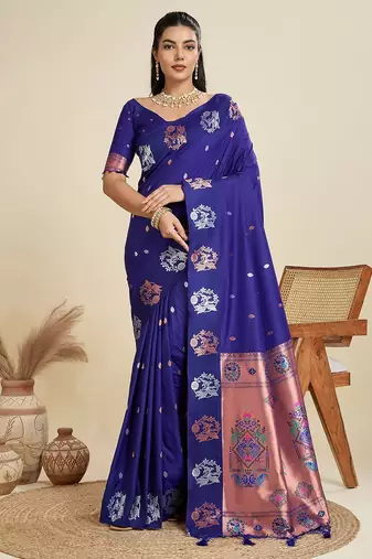 Royal blue solid silk blend saree with blouse