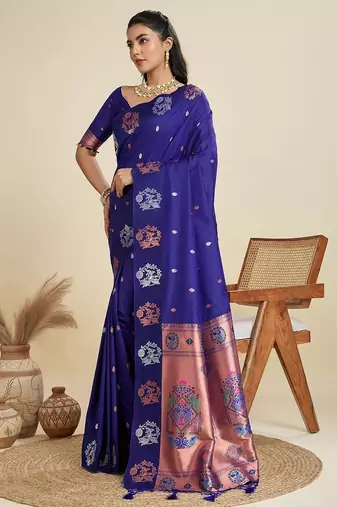 Royal blue solid silk blend saree with blouse