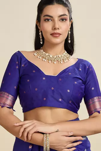 Royal blue solid silk blend saree with blouse
