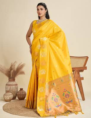 Yellow solid silk blend saree with blouse 1