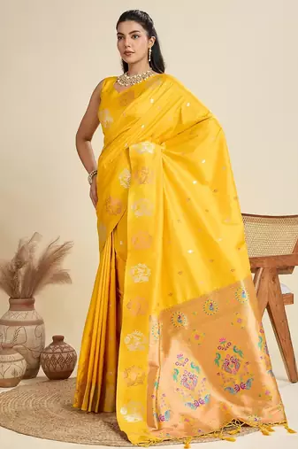 Yellow solid silk blend saree with blouse
