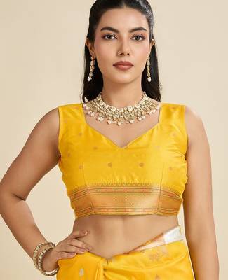 Yellow solid silk blend saree with blouse 2