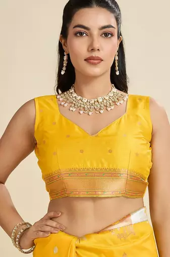 Yellow solid silk blend saree with blouse
