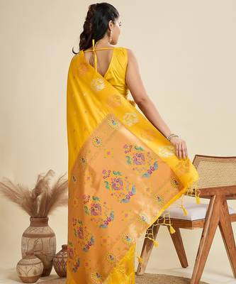 Yellow solid silk blend saree with blouse 4