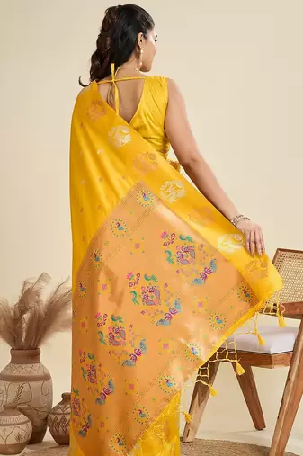 Yellow solid silk blend saree with blouse