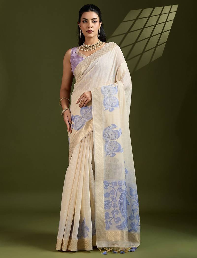 blue solid blended cotton saree with blouse