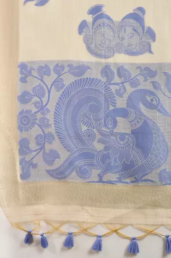 blue solid blended cotton saree with blouse