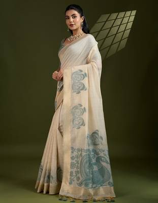 green solid blended cotton saree with blouse 2