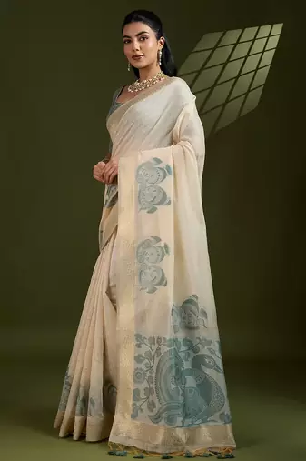 green solid blended cotton saree with blouse
