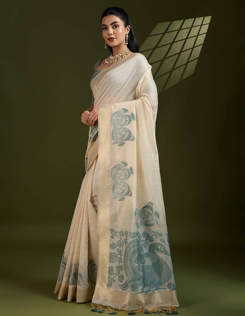 green solid blended cotton saree with blouse