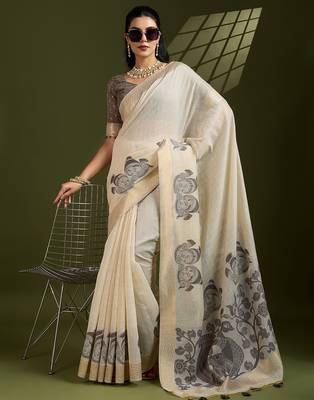 grey solid blended cotton saree with blouse 1