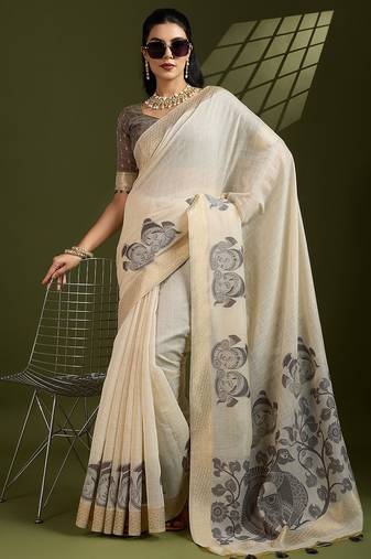 grey solid blended cotton saree with blouse