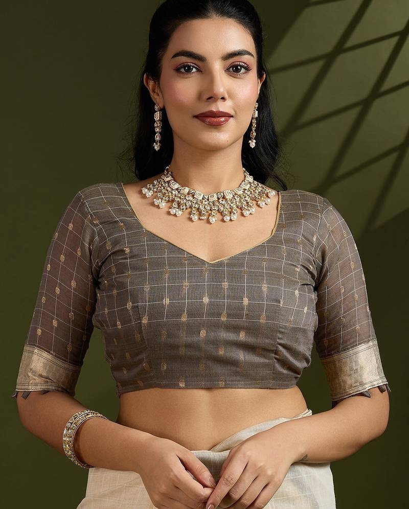 grey solid blended cotton saree with blouse