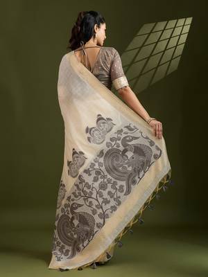 grey solid blended cotton saree with blouse 4