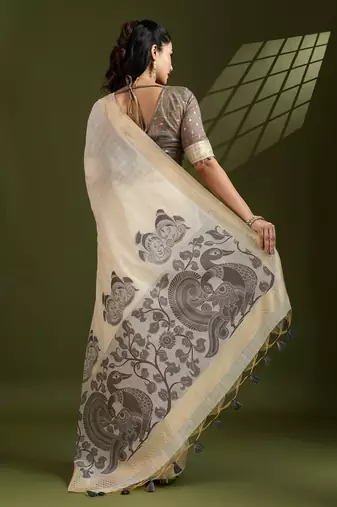 grey solid blended cotton saree with blouse
