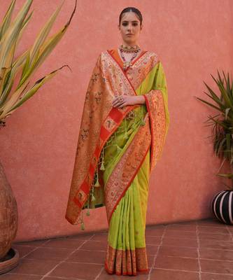 Green solid silk blend saree with blouse 1
