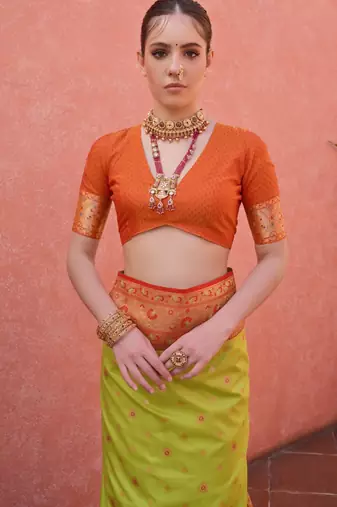 Green solid silk blend saree with blouse